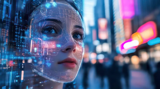 Facial recognition technology on a city street, symbolizing modern innovation. high quality