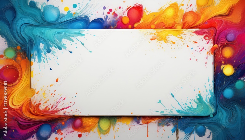 Poster vibrant artwork showcasing a white canvas backdrop with colorful decorative paint spots, emphasizing