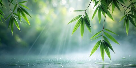Serene Bamboo Leaves with Dew Drops and Sunbeams on a Misty Morning