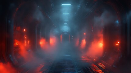 Futuristic smoky corridor with red and blue neon lights.