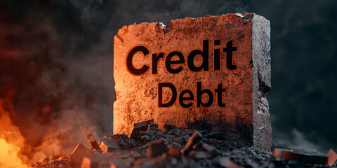 Economic downtrend A stone block labeled "Credit Debt" amidst a smoky, dark background symbolizes the burden of financial obligations.