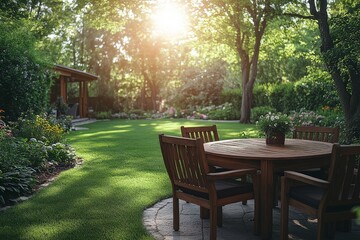 Obraz premium Wooden garden table and chairs on the lawn under the sun, surrounded by green grass, trees, and flowers in spring season. Outdoor furniture set for family leisure time.