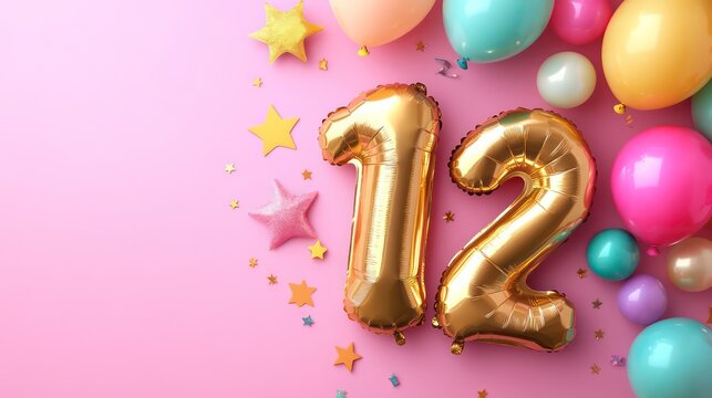 Festive celebration scene with gold foil balloons shaped as number 12, surrounded by colorful balloons and stars on a pink background