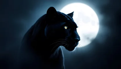 Verduisterende gordijnen A sleek black panther stares into the night against the backdrop of a luminous full moon - strength and mystery - suitable for nature documentaries, mystical themed events and dark fantasy book covers © DhanaStudio