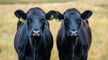 A Pair of Majestic Black Cows in a Serene Field