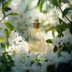 Luxury perfume bottle surrounded by jasmine flowers in a dreamy nature setting. Award-winning cinematic photography with elegant, poetic aesthetics for high-end campaigns.