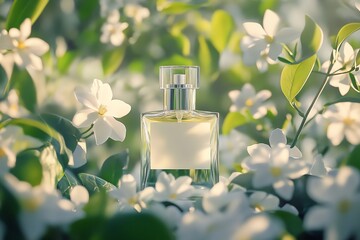 Luxury perfume bottle surrounded by jasmine flowers in a dreamy nature setting. Award-winning cinematic photography with elegant, poetic aesthetics for high-end campaigns.