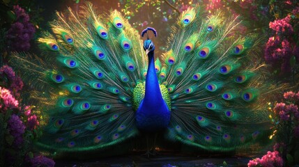 Obraz premium Majestic Peacock in a Vibrant Garden