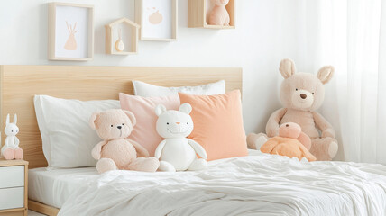 Cozy children bedroom with pastel decor and plush toys on bed