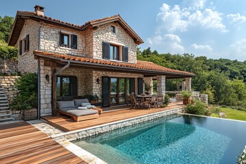 Traditional stone home in Croatia with wooden terrace, garden, and swimming pool, vibrant colors and detailed architecture.