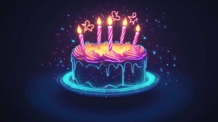 Festive neon-style birthday greeting card with glowing cake and candles, perfect for invitations, banners, and digital celebrations
