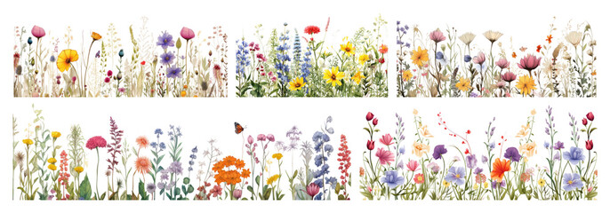 Obraz premium Colorful wildflower border png cut out element set, transparent background