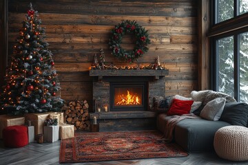 Modern Christmas living room with wooden wall, fireplace, and decorated tree, cozy holiday home atmosphere.