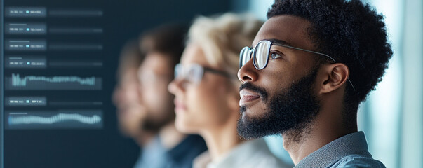 Obraz premium Diverse workforce analyzing data with analytics visuals in background
