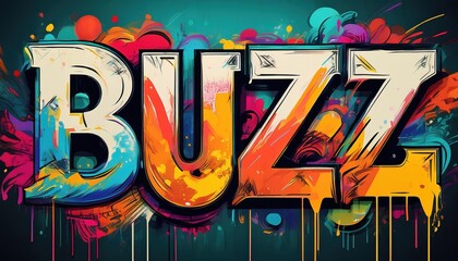 Intense Energy Radiates from Grungy Graffiti Word BUZZ Sprayed on a Wall, Emphasizing Urban Decay and Edgy Artistic Expression.