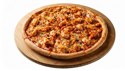 Spicy buffalo chicken pizza with melted cheese and golden crust, top view on a white background.