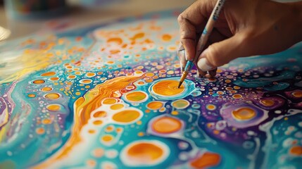 A close-up of someone painting a unique, colorful artwork in a bright studio.