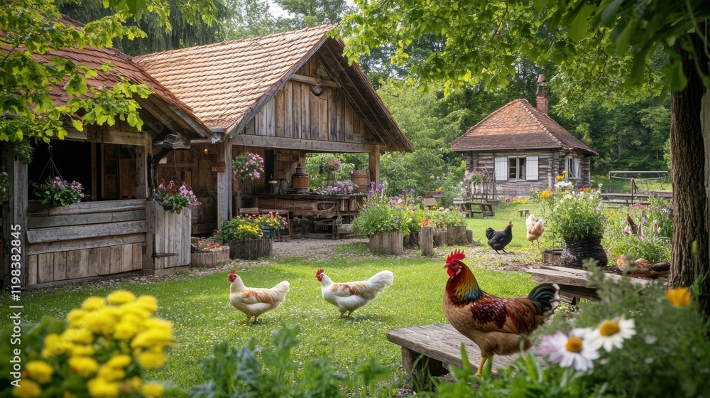 Poster wooden farmyard with chickens and rooster surrounded by lush greenery and rustic charm in bright day