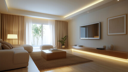 Elegant modern living room with soft lighting and minimalist decor