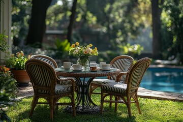 Fototapeta premium Outdoor dining table set for two with striped chairs, coffee mugs, flowers, and poolside view under bright sunlight.