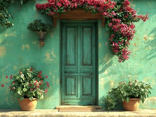 Fototapeta premium Charming turquoise doorway surrounded by blooming bougainvillea vibrant garden mediterranean style serene evening atmosphere