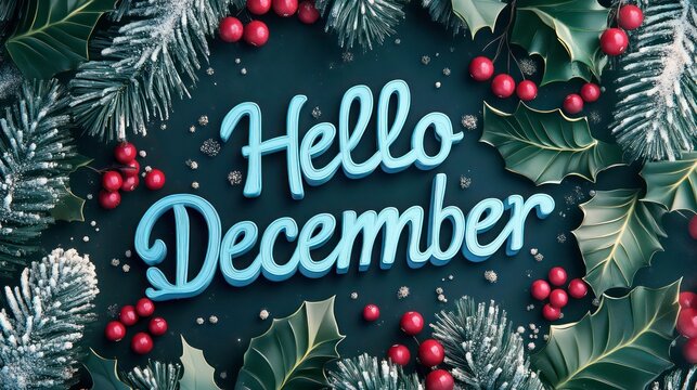 festive typography reading "Hello December" is surrounded by holly leaves, berries, and snow-like decorations