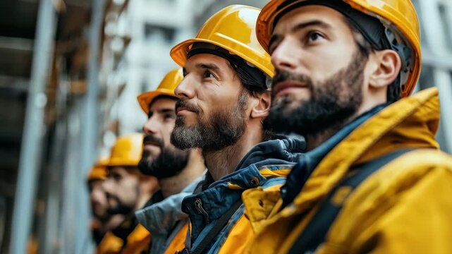 Group of European construction workers in yellow helmets at a site showing teamwork and focus.