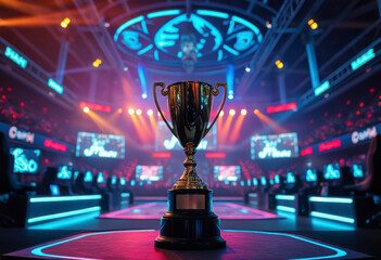 Trophy stands prominently on stage at eSports event, representing triumph among top players in a competitive gaming atmosphere.