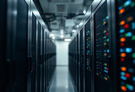 Rows of illuminated servers in a data center highlight the process of information digitalization in a high-tech environment.