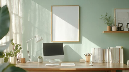 modern workspace with computer, plants, and blank frame on wall