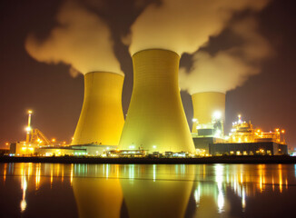 Cooling towers of a nuclear power plant are seen at night, emitting steam and bathed in artificial light against the dark sky.