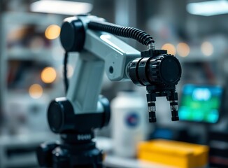 Advanced robotic arm operates in a laboratory, showcasing intricate movements for automation and precision engineering tasks.