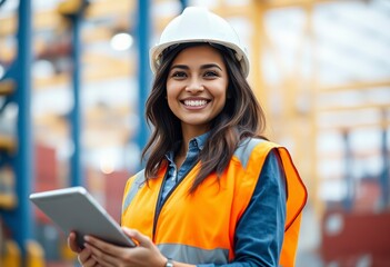 A female industrial engineer smiles while holding a tablet in a vibrant safety vest in a bustling warehouse setting filled with containers.