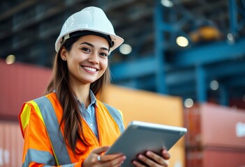A female industrial engineer smiles while holding a tablet in a vibrant safety vest in a bustling warehouse setting filled with containers.