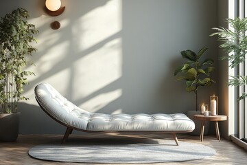 Stylish modern gray leather single sofa bed with white cushion, side tables with plants and candles in minimalist living room setting.