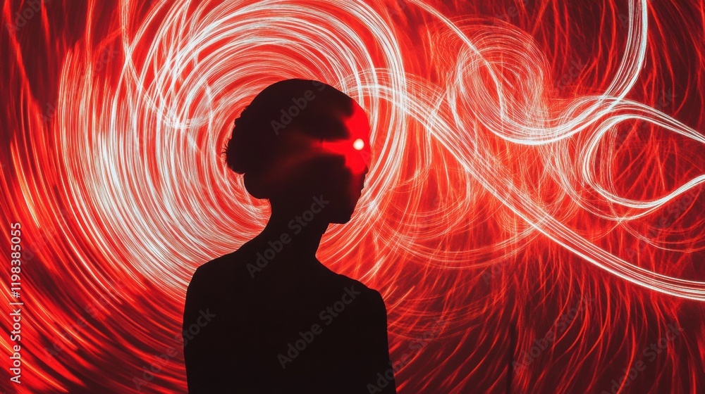 Poster person immersed in swirling lines and abstract shapes in vibrant red and white hues evoking energy a