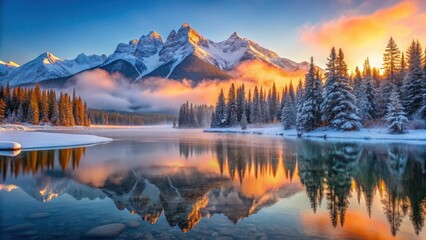 Serene Winter Sunrise Over Majestic Peaks Reflected in Still Water