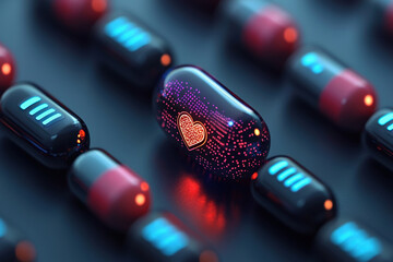 Glowing holographic pills with heart icons on dark surface
