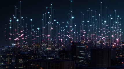 Night Cityscape with Digital Network Connections