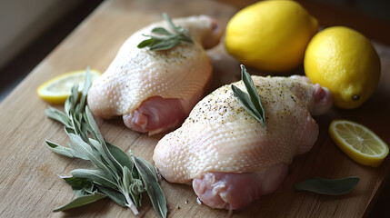 Uncooked chicken with vibrant herbs and fresh lemons on wooden board, ready for cooking. scene is set with sage leaves and lemon slices, creating fresh and aromatic atmosphere