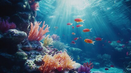 Vibrant Underwater Coral Reef Paradise: Sunlit Ocean Scene with Fish
