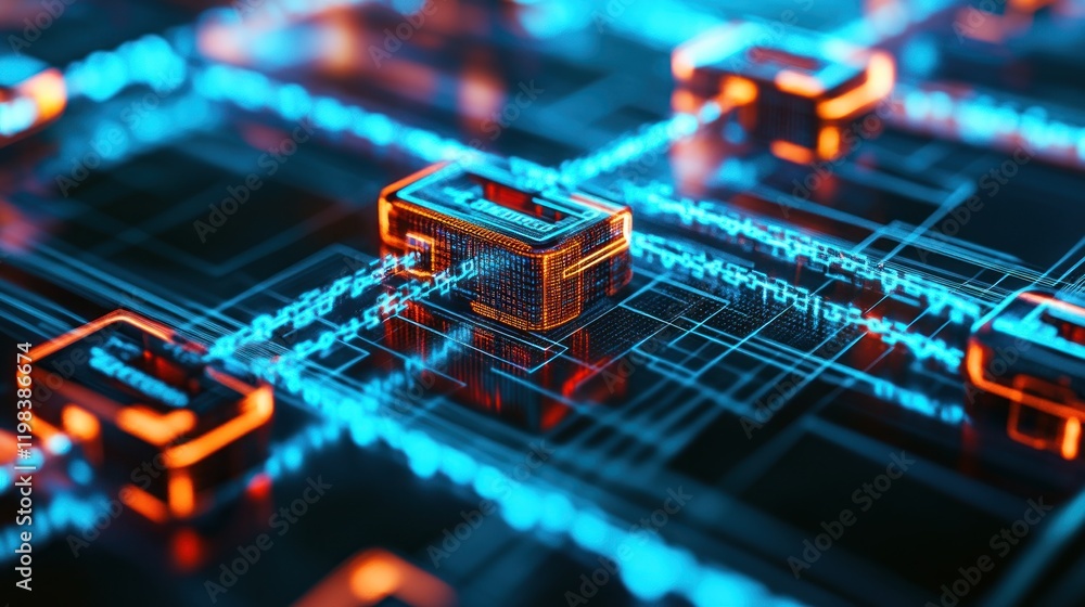 Poster abstract digital network: a glowing cybernetic landscape of interconnected nodes and data streams.