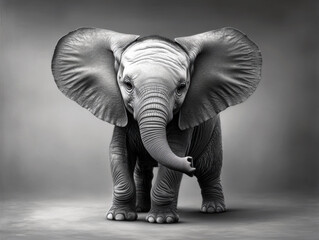 A stunning black and white depiction of a young elephant, showcasing its intricate textures and expressive features against a minimalist background, highlighting its grace and natural beauty.