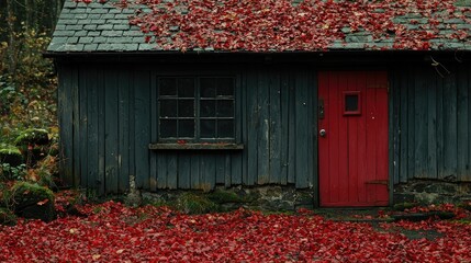 Rustic dark grey cabin with red door autumn leaves