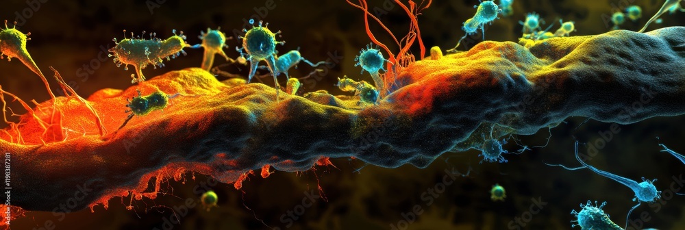 Poster exploring molecular interactions between microbes in a dynamic environment. generative ai