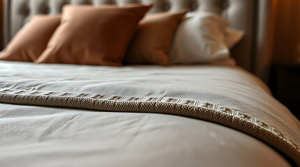Luxury Bedroom Interior: Close-up of Soft Bedding and Pillows.  Experience ultimate comfort and serenity in this elegant and peaceful space. Perfect for relaxation and restful sleep.