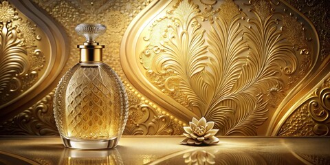 Luxurious Golden Perfume Bottle with Intricate Design and Elegant Floral Accent on Gilded Surface