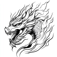Fierce dragon head, flames, Asian art, tattoo design