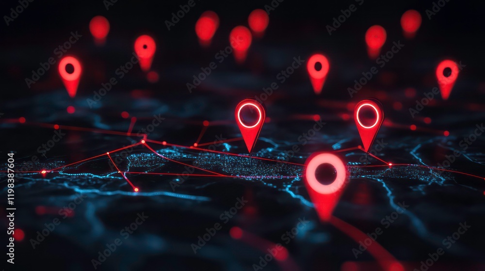 Poster glowing network map with red pins representing global connections digital technology background