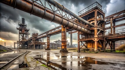 Fototapeta premium Rusting Industrial Complex A Post-Industrial Landscape of Decaying Steel Structures and Waterlogged Ground